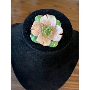 Lily pad flower brooch Vintage made in England painted gold tone